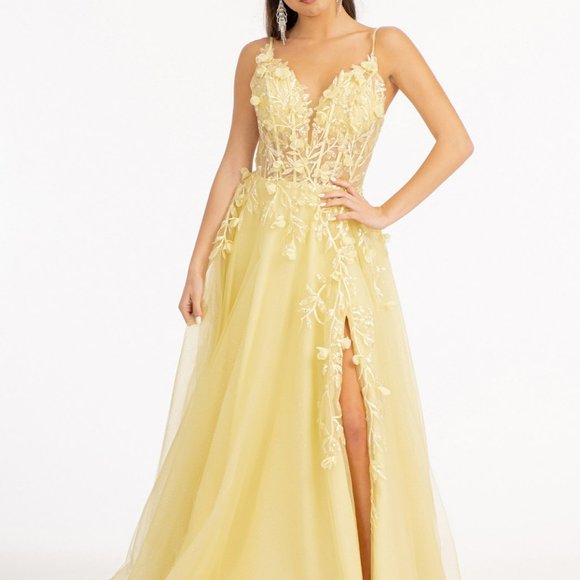 YELLOW  3-D Flower Applique Glitter Mesh A-line Dress Embroidery Sequin GL3034 - Picture 2 of 5